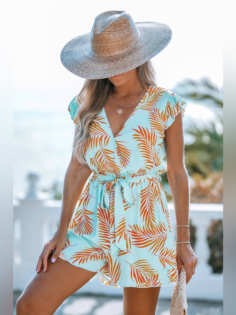 CUPSHE Teal & Orange Tropical Flutter Sleeve Tie-Waist Romper